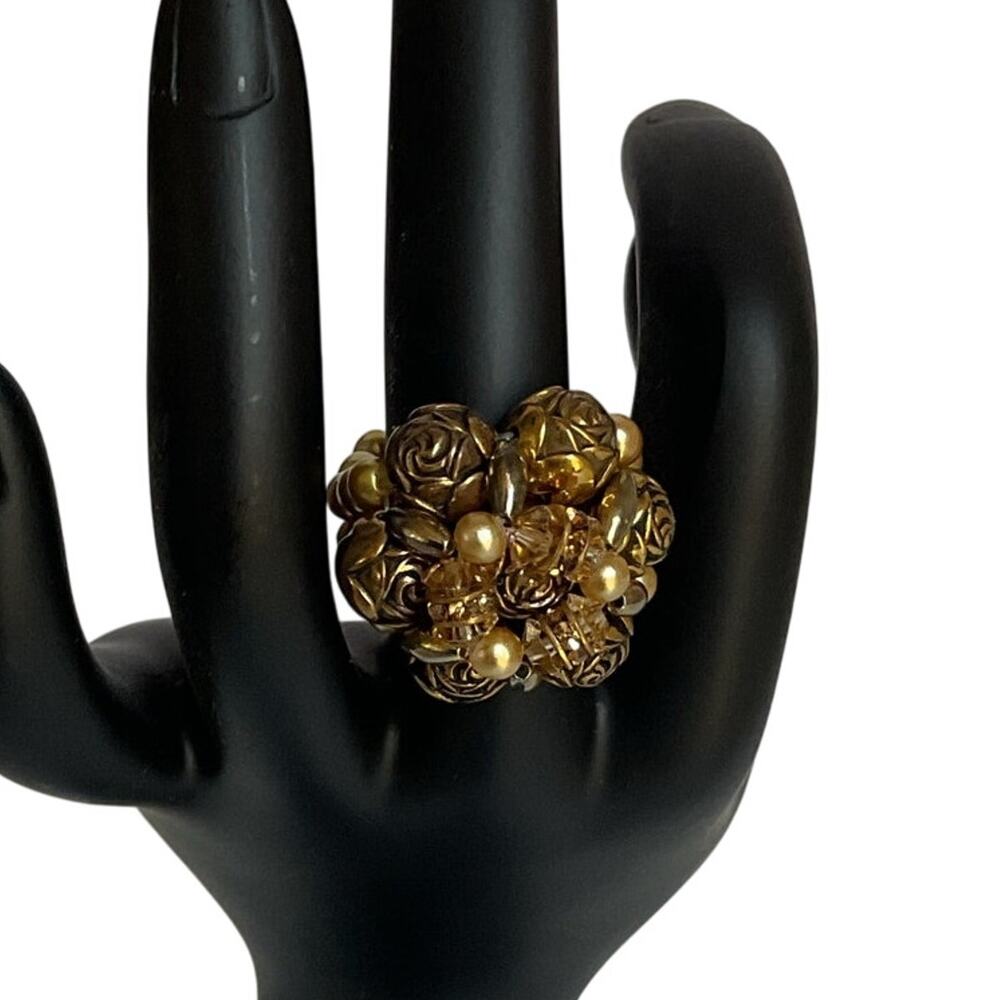 Vintage Gold Tone Rose Cluster Ring Faux Pearl Statement Cocktail Adjustable Y2k